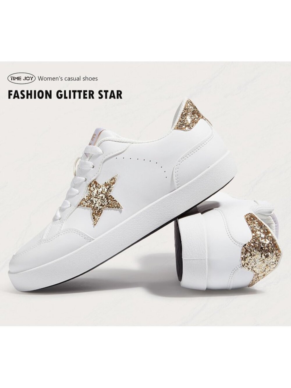 Women's White/Gold Glitter Stylish Sequins Lace-Up Low Top Fashion Star Sneakers - Picture 4 of 7
